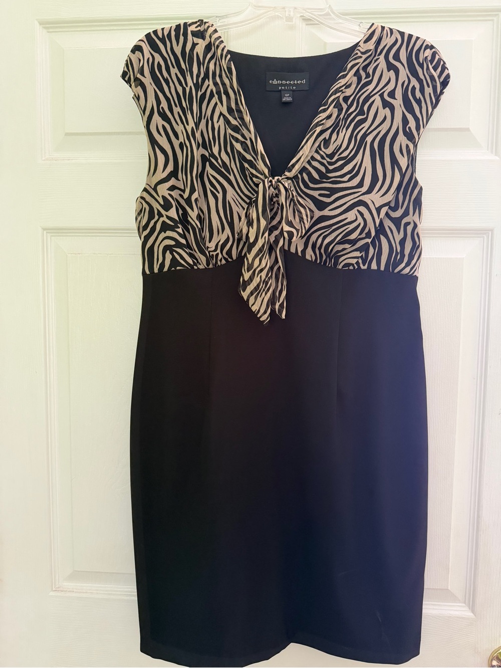 connected apparel Black Dress with tan/black Zebra-Print Tie Front Bodice